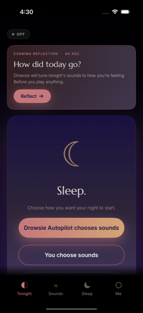 The Drowsie app Tonight screen with the three ways to start your night