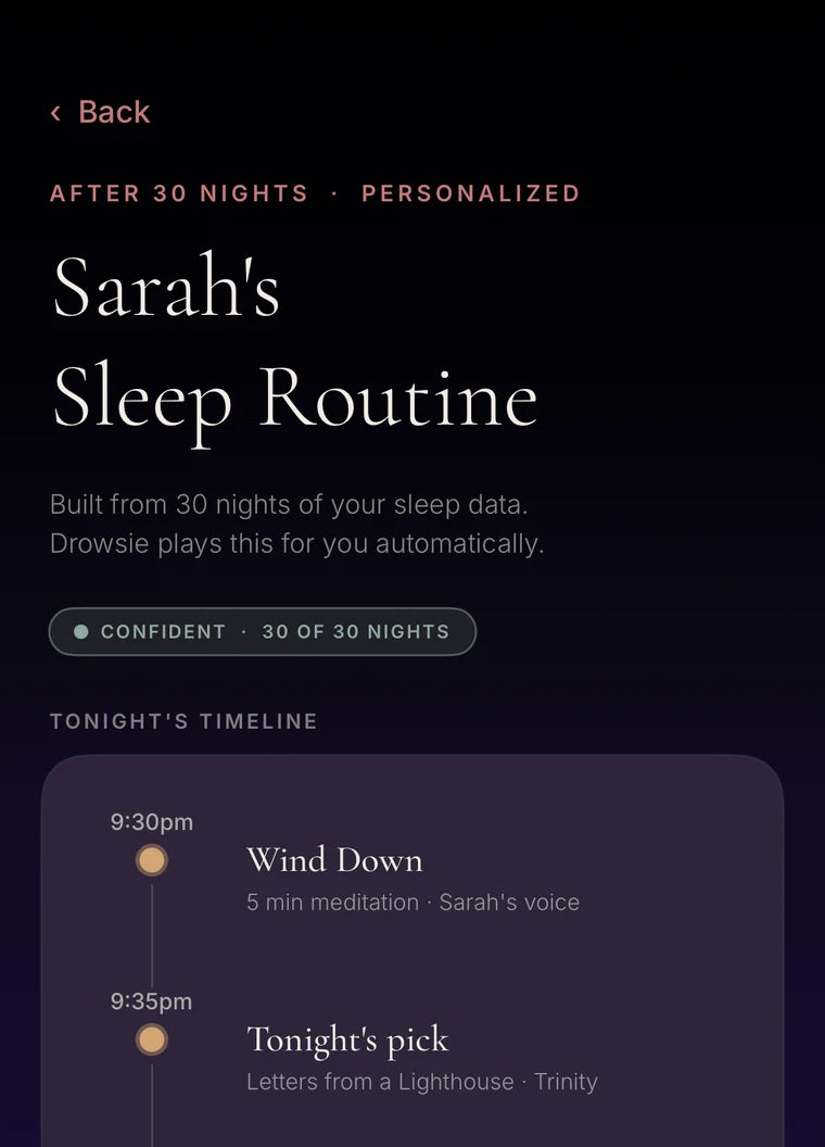 The Drowsie app showing a personalised sleep routine built from 30 nights