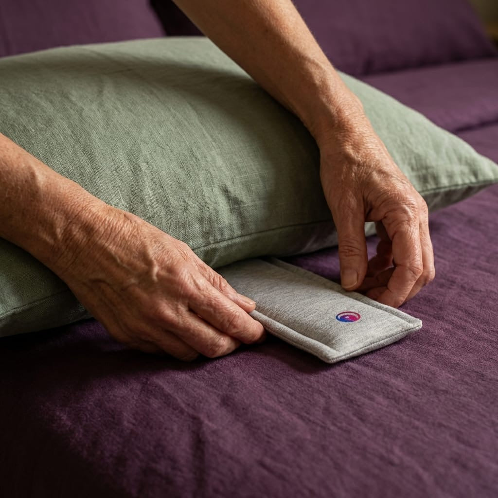A hand lifting the pillow to show the Drowsie speaker tucked underneath
