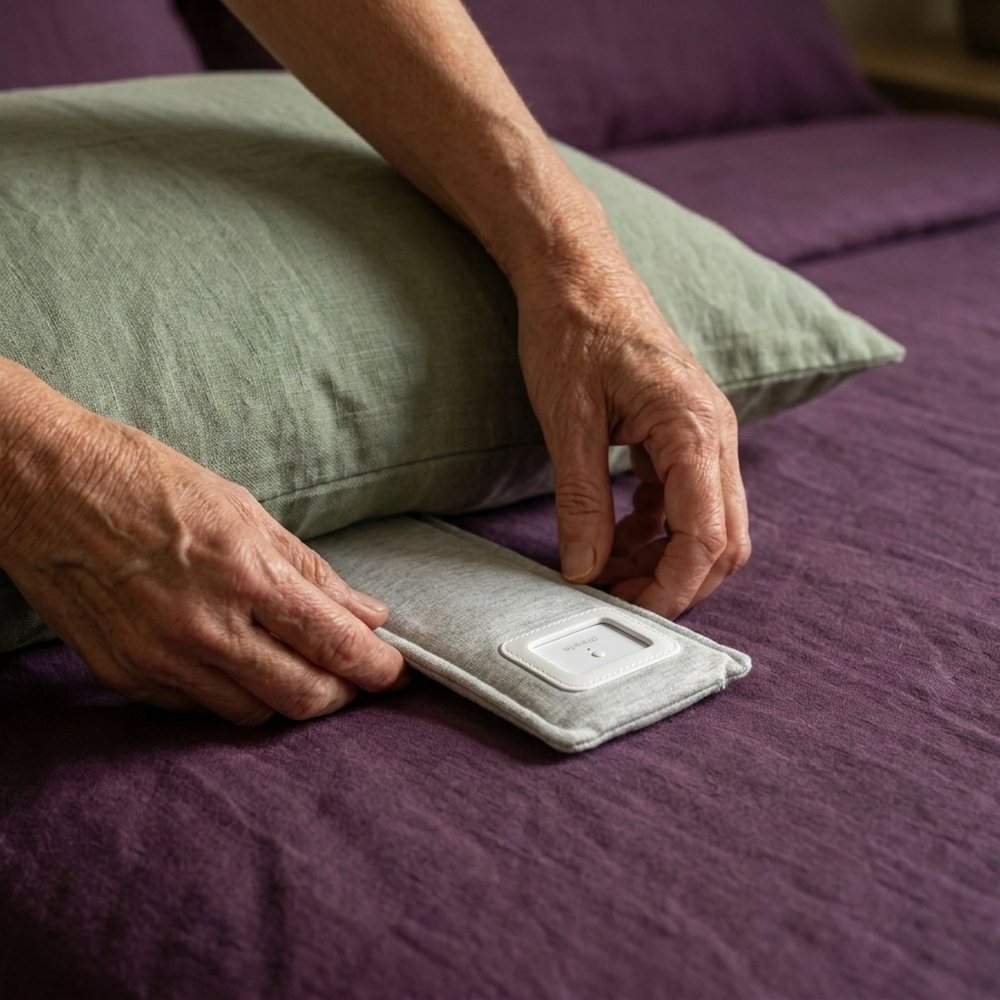 A hand slides the Drowsie speaker under the edge of a pillow