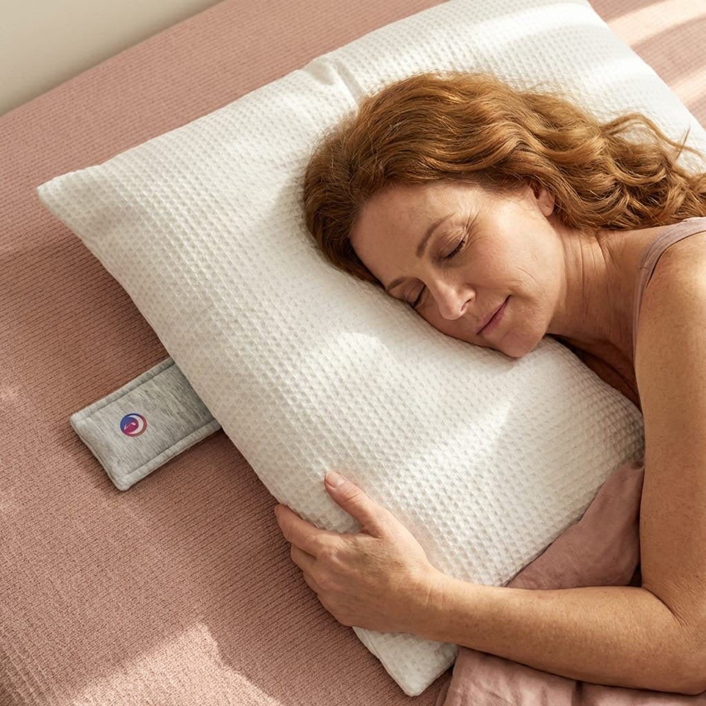 A woman asleep on a waffle-weave pillow, the Drowsie speaker tucked under its edge