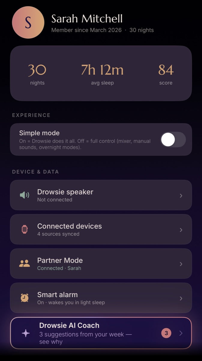 The Drowsie app — Me screen
