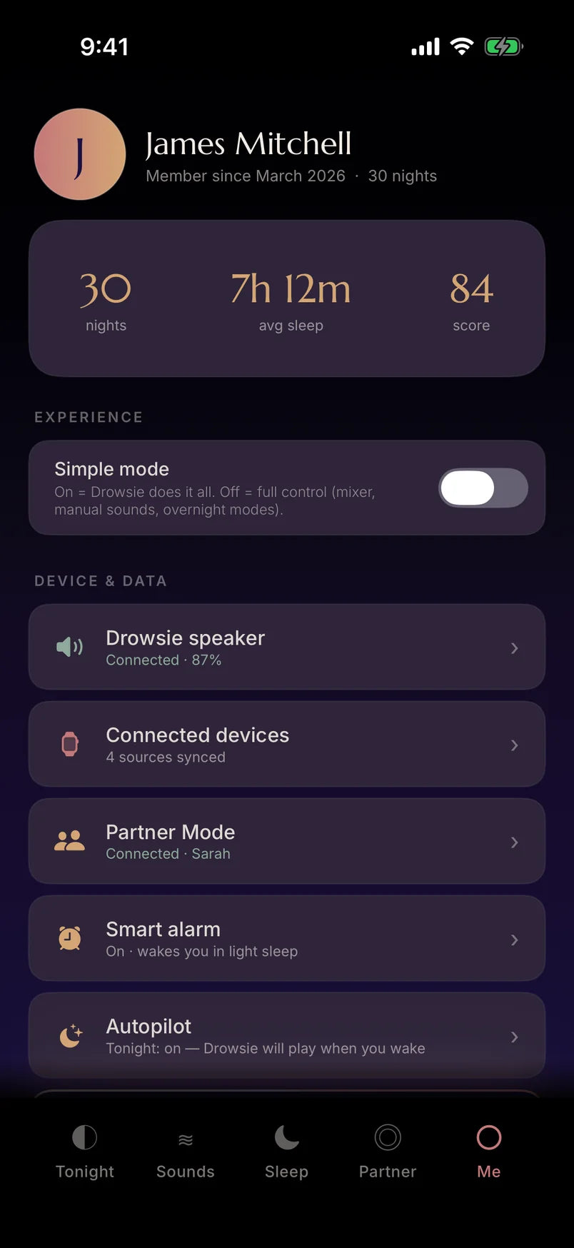 The Drowsie app, Me tab