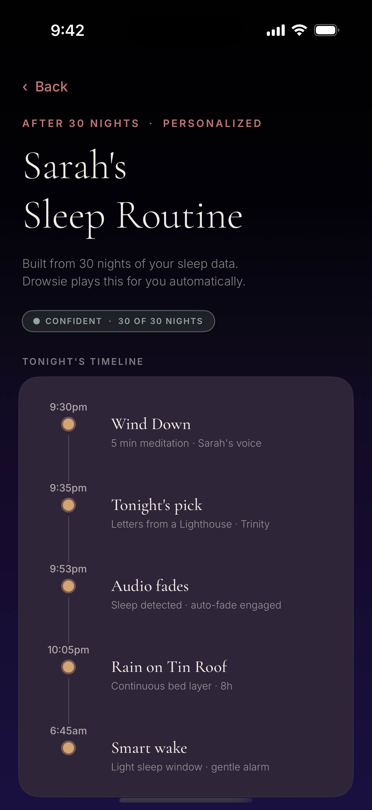 Drowsie — Sarah's personalized sleep routine after 30 nights
