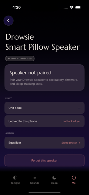 The Drowsie app showing the speaker screen before pairing