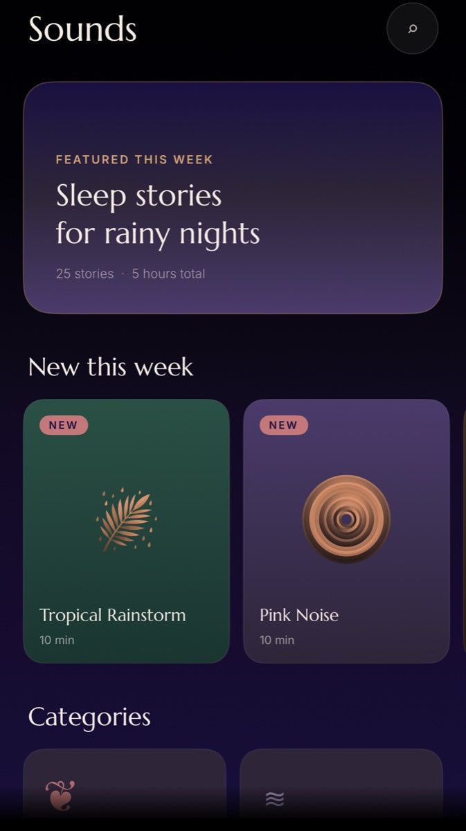 The Drowsie app — Sounds screen