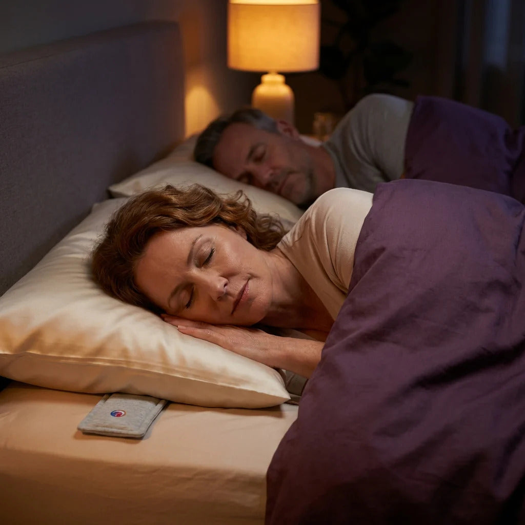 A couple sleeping peacefully — she hears Drowsie, he hears nothing