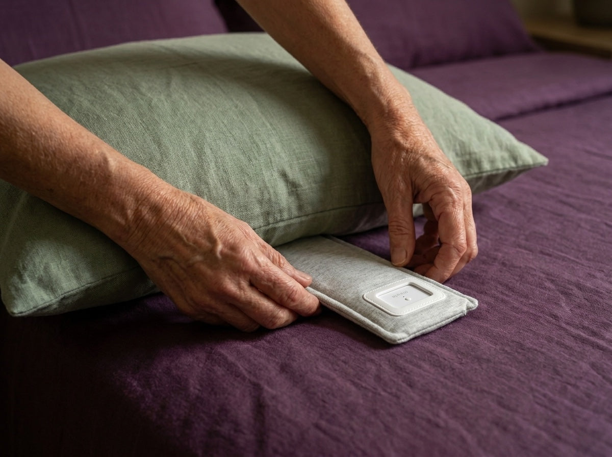 Hands sliding the Drowsie speaker under a linen pillow
